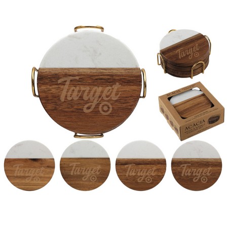 Acacia Wood & Marble Coaster Set